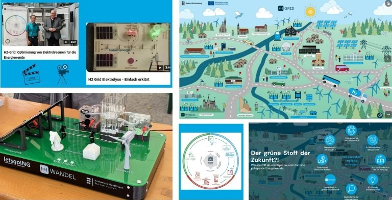 Die Hochschule Reutlingen als Akteur des Leuchtturmprojekts H2-ToKnow trug zum Wissenstransfer und Wissensaufbau unter anderem eine selbst gebaute Demonstrationsanlage für das Zusammenspiel von Erneuerbaren Energien und Wasserstoff bei. Zudem drehte das Team Erklärvideos, die auf dem Youtube-Kanal von H2-Wandel zu sehen sind, und gestaltete interaktives Informationsmaterial.
Bildquelle/Screenshots: H2-Wandel
