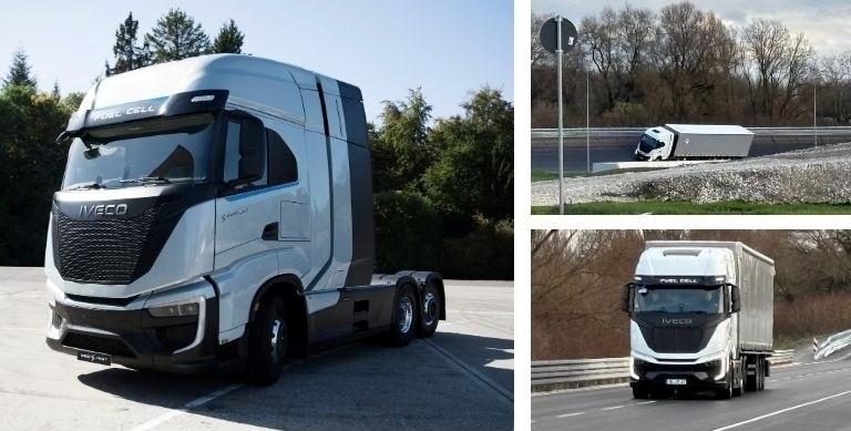 Brennstoffzellen-Lkw des Typs IVECO S-eWAY Fuel Cell sind als Mietfahrzeuge außerhalb von H2-Wandel im Einsatz. Die für den regionalen Einsatz wichtige Wasserstofftankstelle befindet sich weiterhin in der Planungs- und Genehmigungsphase.
Bildquelle: IVECO Deutschland (1) / H2-Wandel (2)